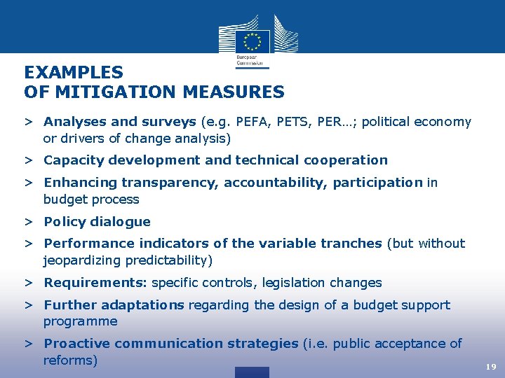 EXAMPLES OF MITIGATION MEASURES > Analyses and surveys (e. g. PEFA, PETS, PER…; political