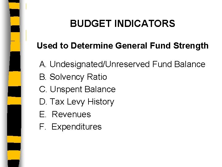 BUDGET INDICATORS Used to Determine General Fund Strength A. Undesignated/Unreserved Fund Balance B. Solvency