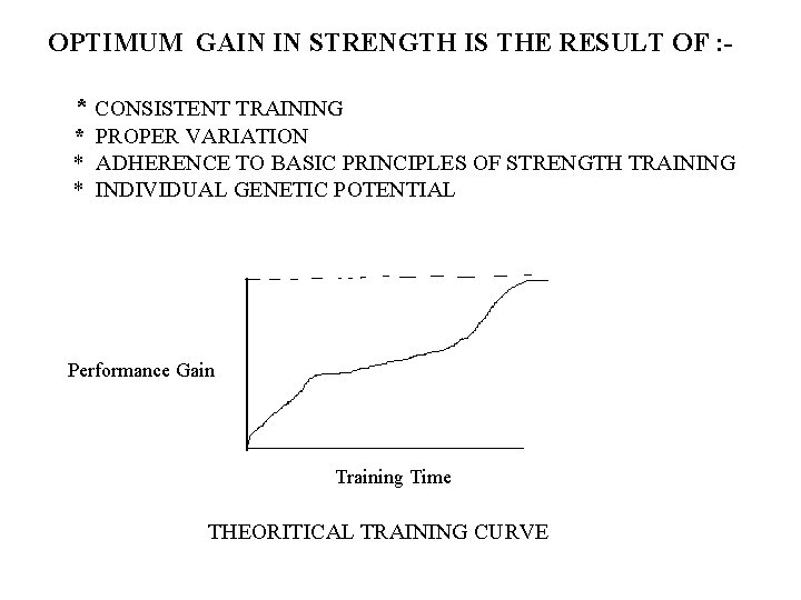 OPTIMUM GAIN IN STRENGTH IS THE RESULT OF : * CONSISTENT TRAINING * PROPER