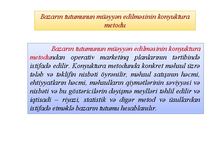 Bazarın tutumunun müəyyən edilməsinin konyuktura metodundan operativ marketinq planlarının tərtibində istifadə edilir. Konyuktura metodunda