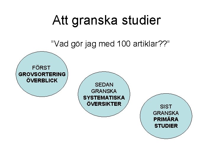 Att granska studier ”Vad gör jag med 100 artiklar? ? ” FÖRST GROVSORTERING ÖVERBLICK