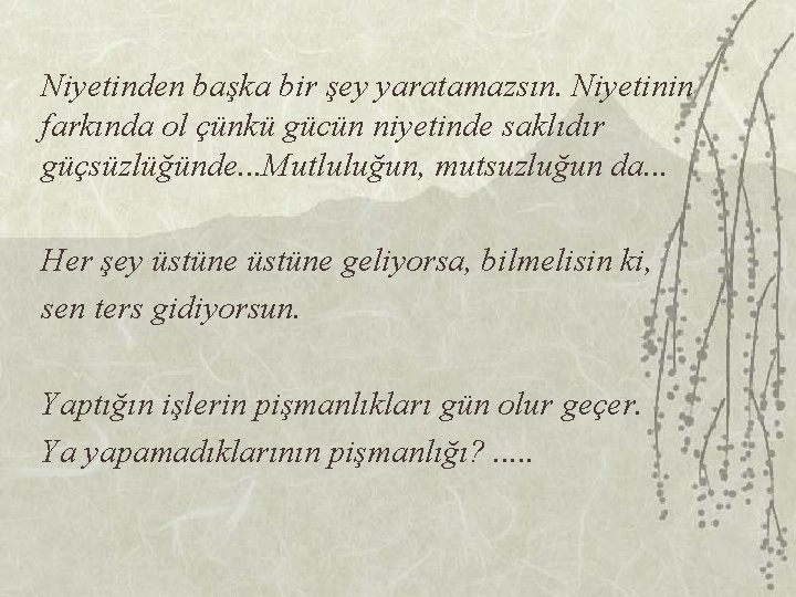 Niyetinden başka bir şey yaratamazsın. Niyetinin farkında ol çünkü gücün niyetinde saklıdır güçsüzlüğünde. .