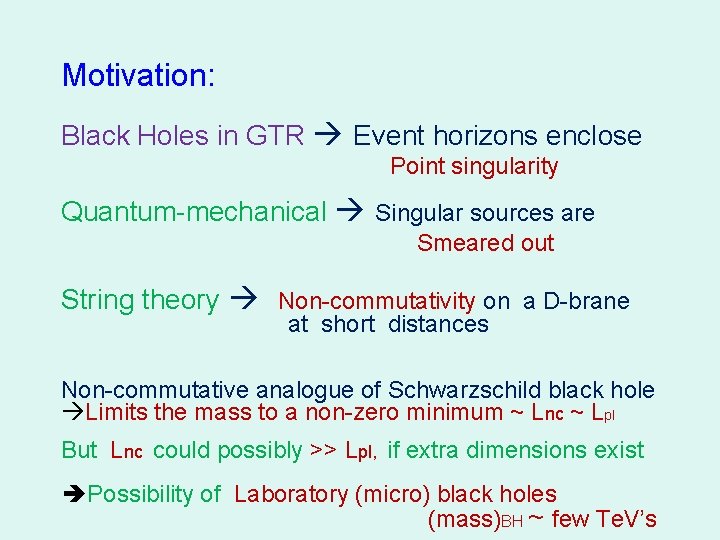 Motivation: Black Holes in GTR Event horizons enclose Point singularity Quantum-mechanical Singular sources are