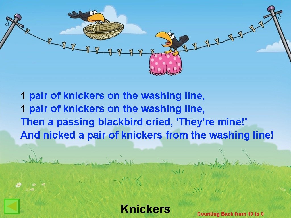 1 pair of knickers on the washing line, Then a passing blackbird cried, 'They're