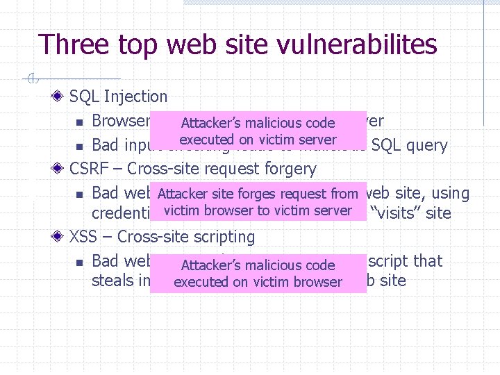 Three top web site vulnerabilites SQL Injection n Browser sends malicious input to server