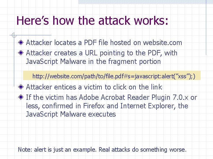 Here’s how the attack works: Attacker locates a PDF file hosted on website. com