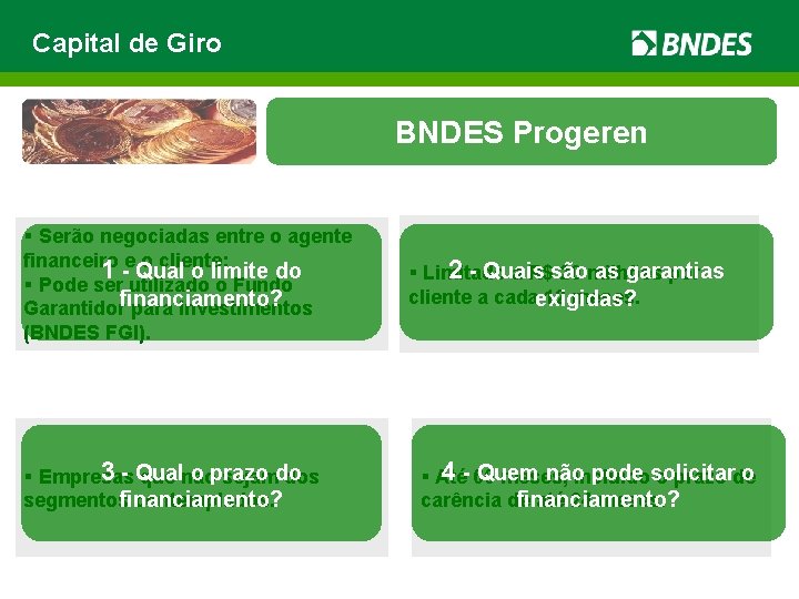 Capital de Giro BNDES Progeren § Serão negociadas entre o agente financeiro e o