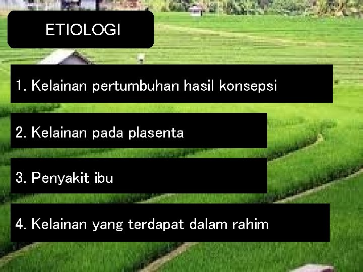ETIOLOGI 1. Kelainan pertumbuhan hasil konsepsi 2. Kelainan pada plasenta 3. Penyakit ibu 4.