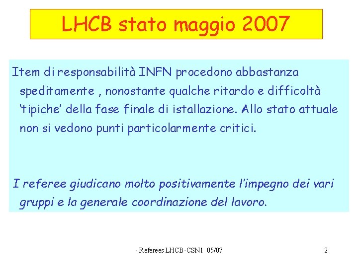 LHCB stato maggio 2007 Item di responsabilità INFN procedono abbastanza speditamente , nonostante qualche