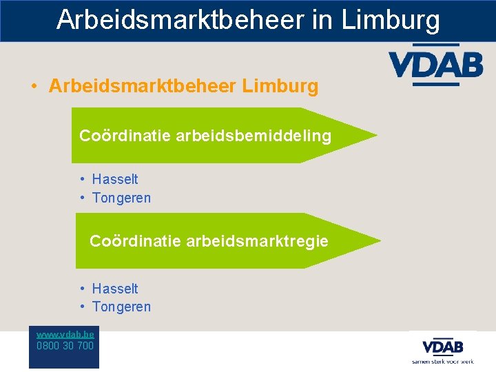 Arbeidsmarktbeheer in Limburg • Arbeidsmarktbeheer Limburg Coördinatie arbeidsbemiddeling • Hasselt • Tongeren Coördinatie arbeidsmarktregie