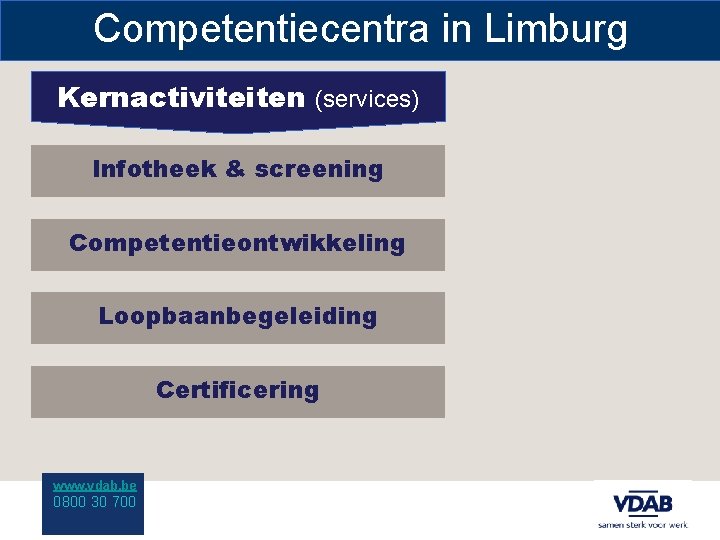 Competentiecentra in Limburg Kernactiviteiten (services) Infotheek & screening Competentieontwikkeling Loopbaanbegeleiding Certificering www. vdab. be