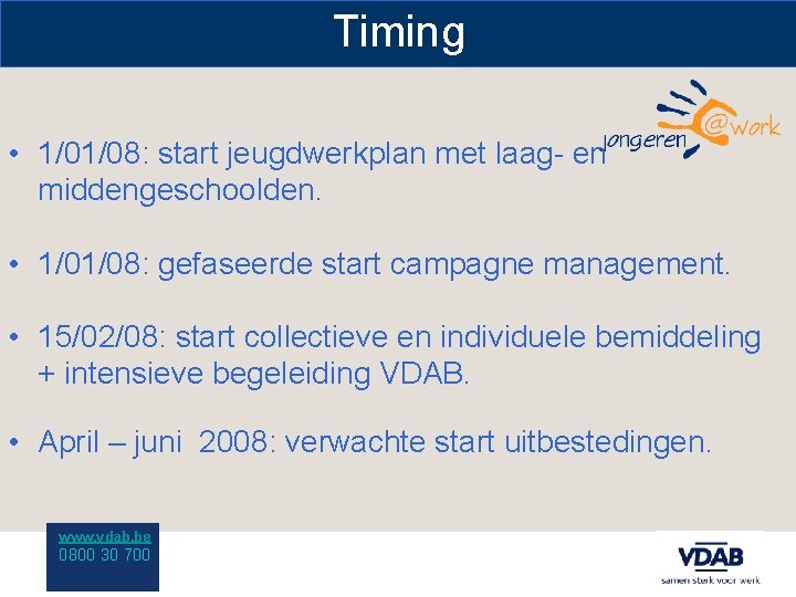 Timing • 1/01/08: start jeugdwerkplan met laag- en middengeschoolden. • 1/01/08: gefaseerde start campagne