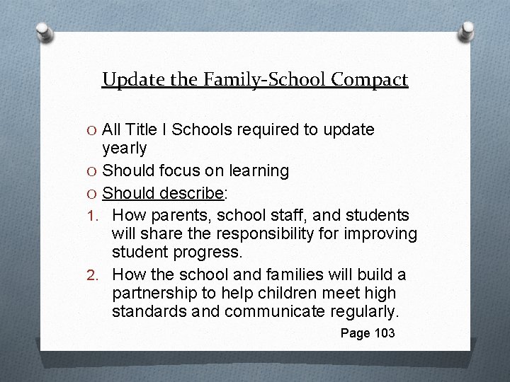 Update the Family-School Compact O All Title I Schools required to update yearly O