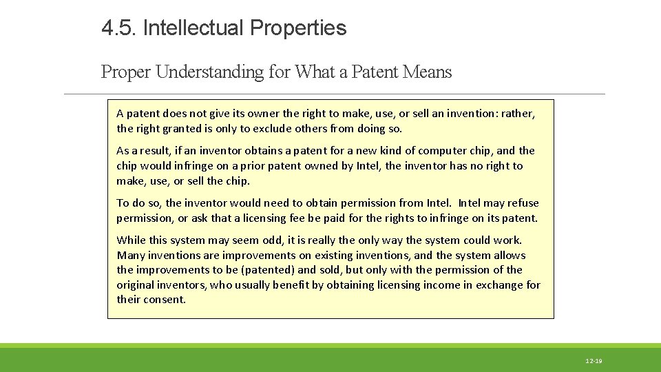 4. 5. Intellectual Properties Proper Understanding for What a Patent Means A patent does