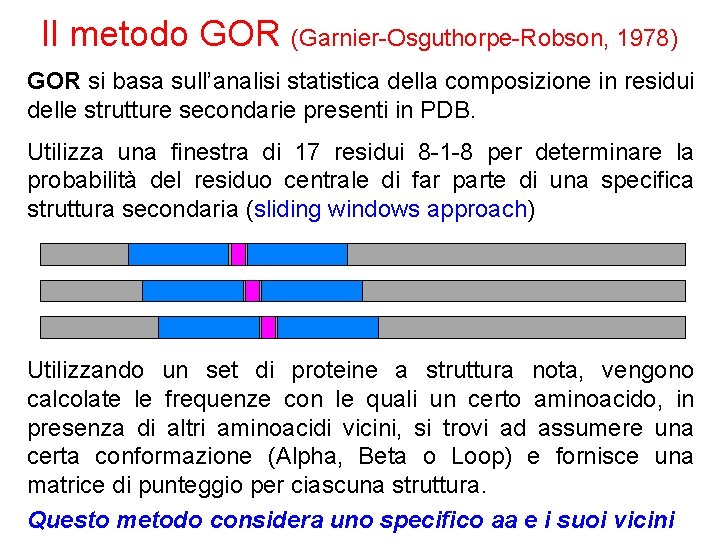 Il metodo GOR (Garnier-Osguthorpe-Robson, 1978) GOR si basa sull’analisi statistica della composizione in residui