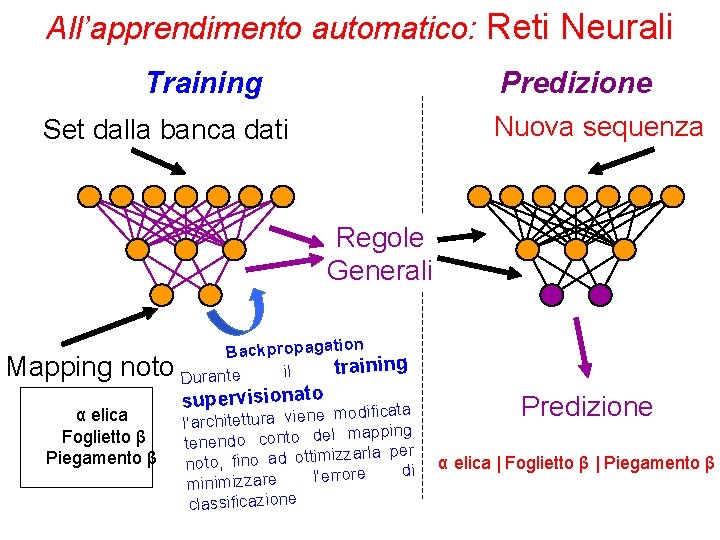 All’apprendimento automatico: Reti Neurali Training Predizione Nuova sequenza Set dalla banca dati Regole Generali