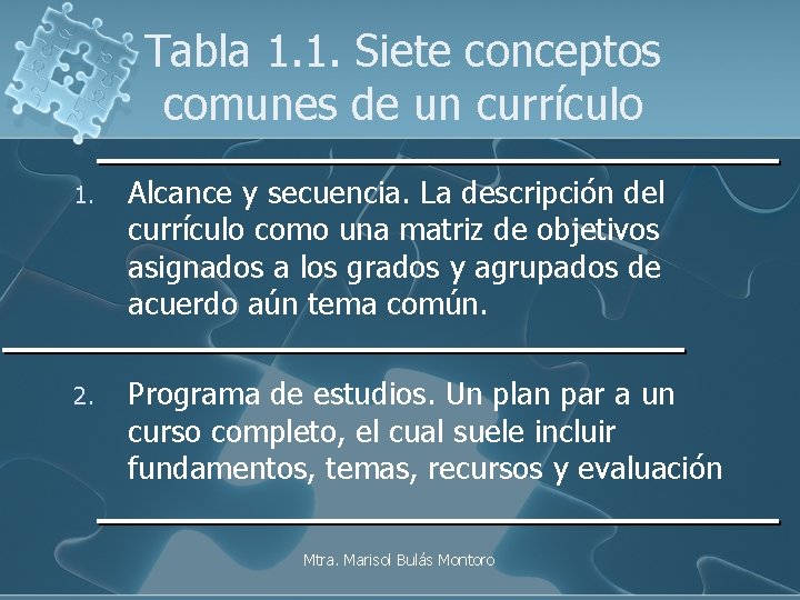 Tabla 1. 1. Siete conceptos comunes de un currículo 1. Alcance y secuencia. La