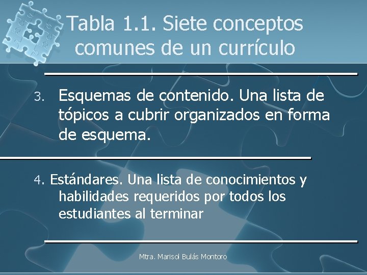 Tabla 1. 1. Siete conceptos comunes de un currículo 3. Esquemas de contenido. Una