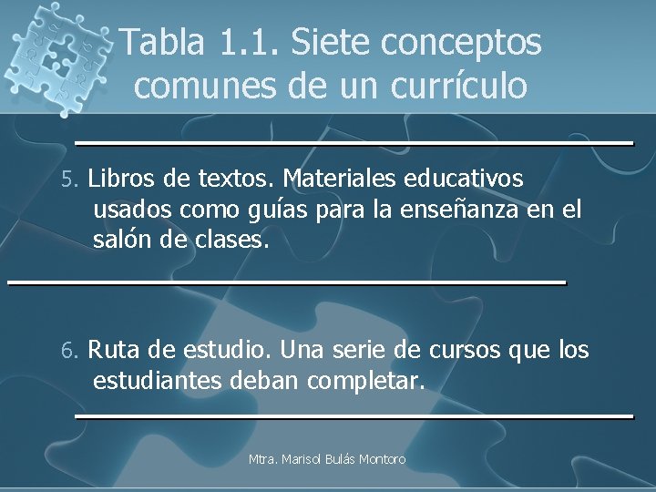 Tabla 1. 1. Siete conceptos comunes de un currículo 5. Libros de textos. Materiales