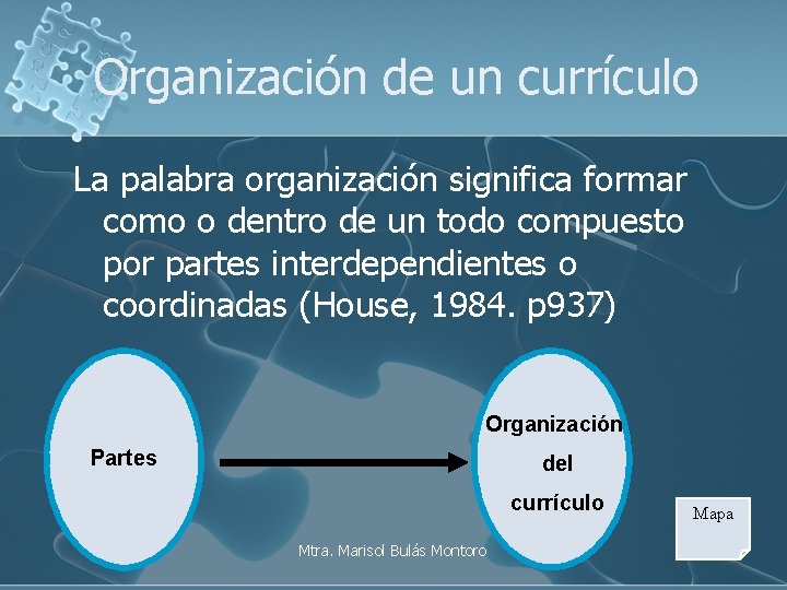 Organización de un currículo La palabra organización significa formar como o dentro de un