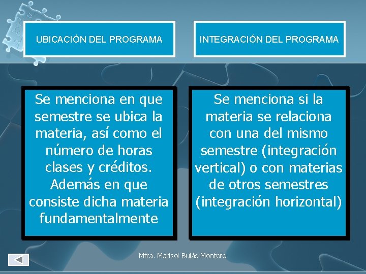 UBICACIÓN DEL PROGRAMA INTEGRACIÓN DEL PROGRAMA Se menciona en que semestre se ubica la