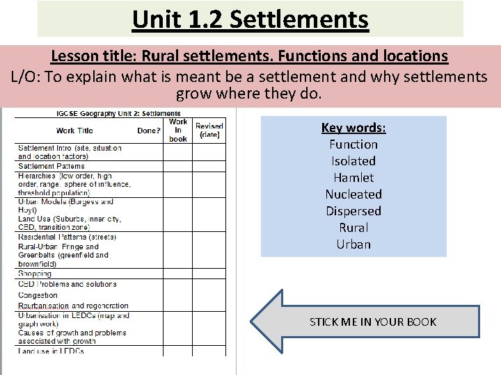 Unit 1. 2 Settlements Lesson title: Rural settlements. Functions and locations L/O: To explain