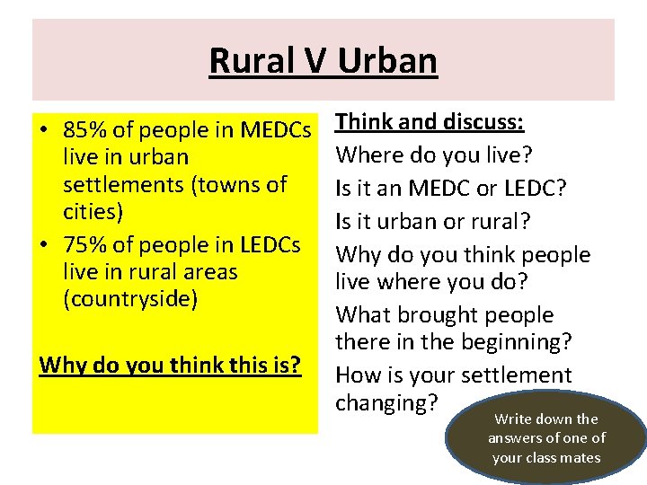 Rural V Urban • 85% of people in MEDCs live in urban settlements (towns