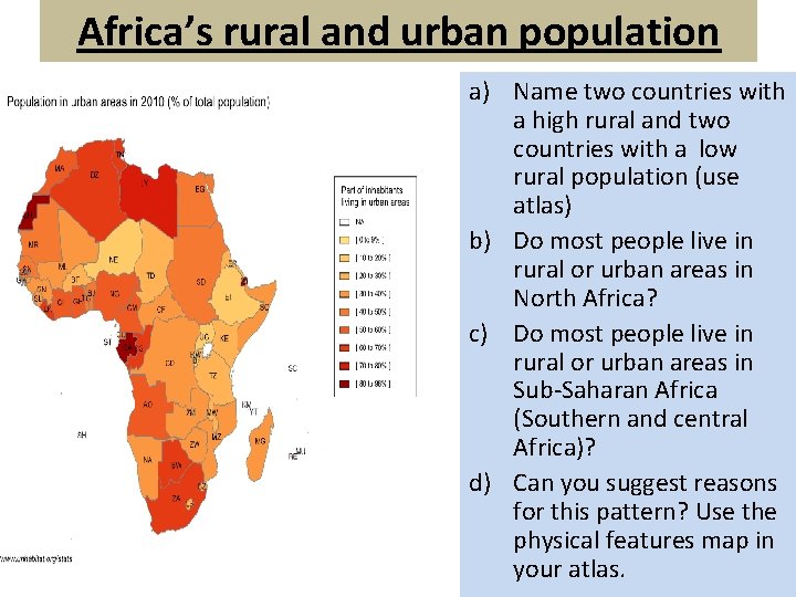 Africa’s rural and urban population a) Name two countries with a high rural and