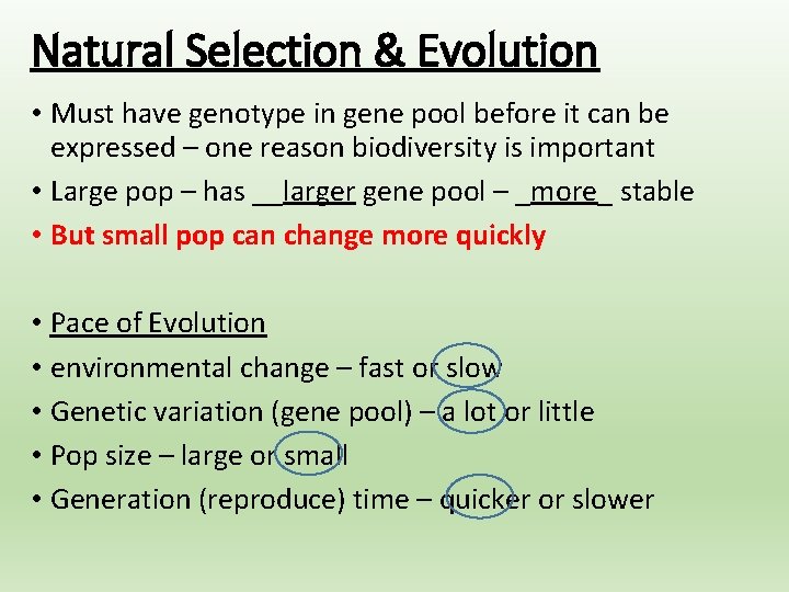 Natural Selection & Evolution • Must have genotype in gene pool before it can