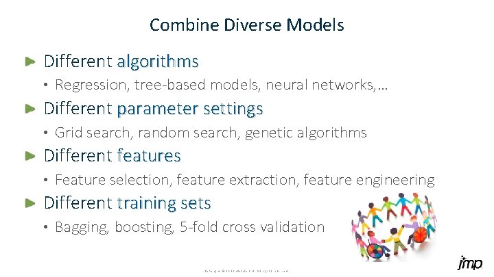 Combine Diverse Models Different algorithms • Regression, tree-based models, neural networks, … Different parameter