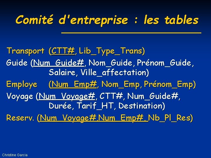 Comité d'entreprise : les tables Transport (CTT#, Lib_Type_Trans) Guide (Num_Guide#, Nom_Guide, Prénom_Guide, Salaire, Ville_affectation)