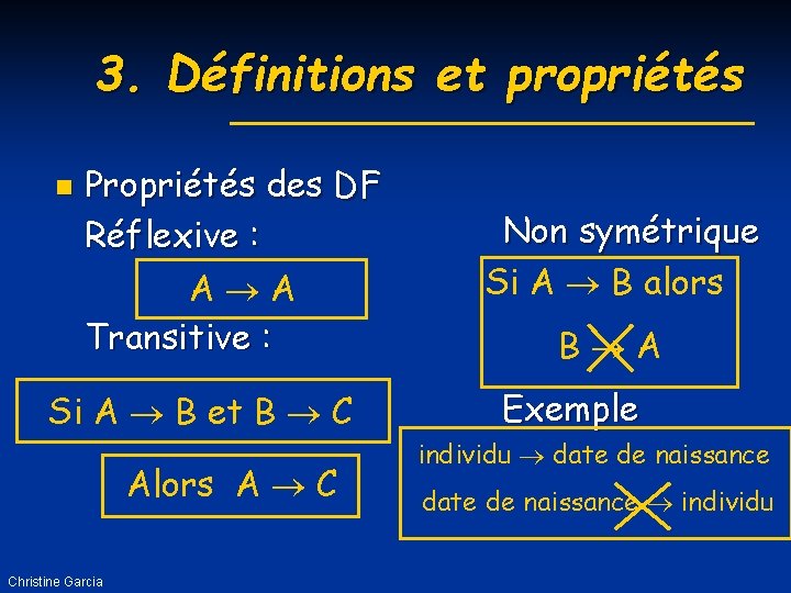 3. Définitions et propriétés n Propriétés des DF Réflexive : A A Transitive :