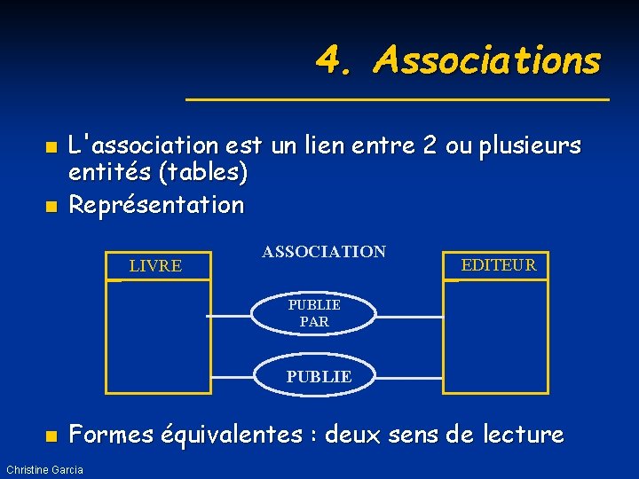 4. Associations n n L'association est un lien entre 2 ou plusieurs entités (tables)