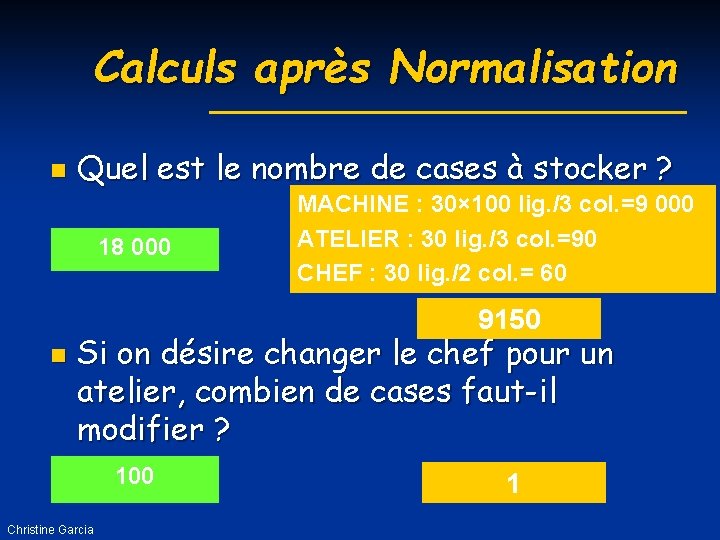 Calculs après Normalisation n Quel est le nombre de cases à stocker ? 18