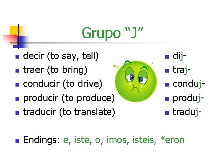 Grupo “J” n decir (to say, tell) traer (to bring) conducir (to drive) producir