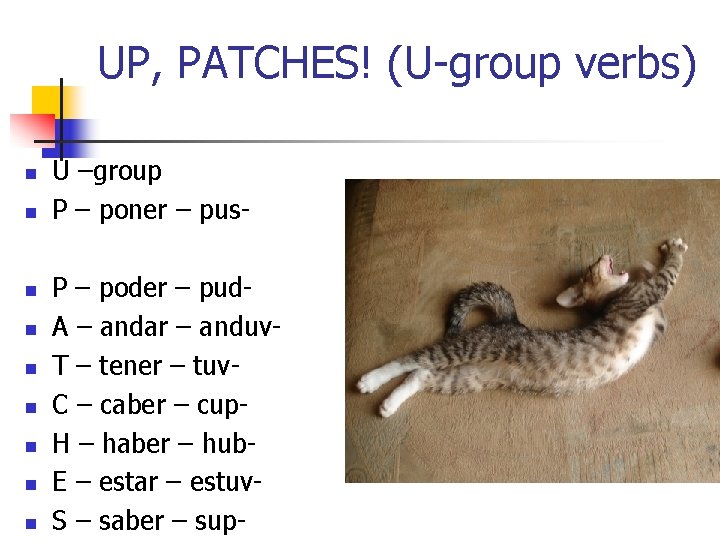 UP, PATCHES! (U-group verbs) n n n n n U –group P – poner