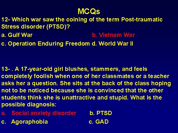 MCQs 12 - Which war saw the coining of the term Post-traumatic Stress disorder