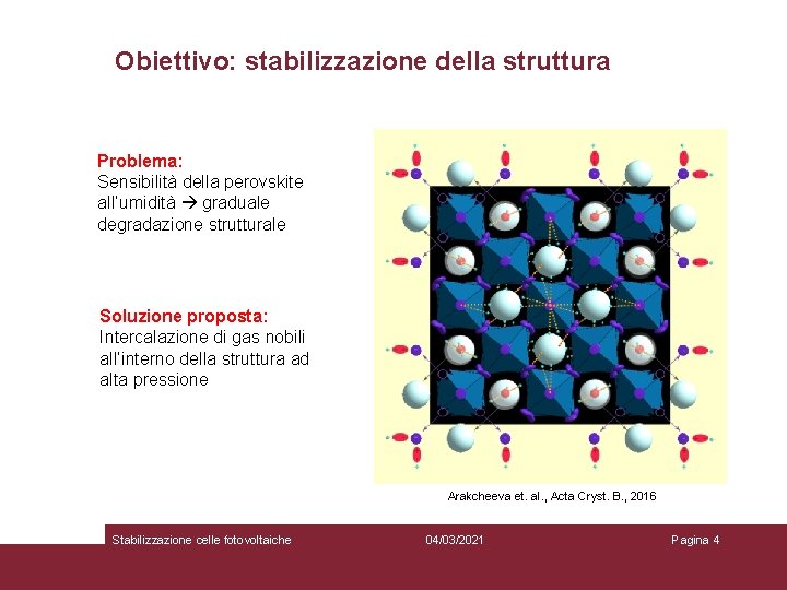 Obiettivo: stabilizzazione della struttura Problema: Sensibilità della perovskite all’umidità graduale degradazione strutturale Soluzione proposta: