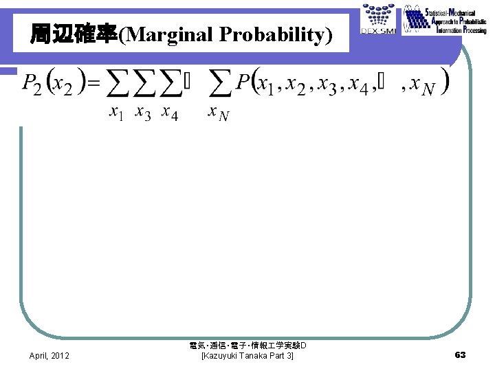 周辺確率(Marginal Probability) April, 2012 電気・通信・電子・情報 学実験D [Kazuyuki Tanaka Part 3] 63 