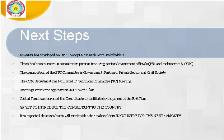 Next Steps Eswatini has developed an STC Concept Note with more stakeholders There has