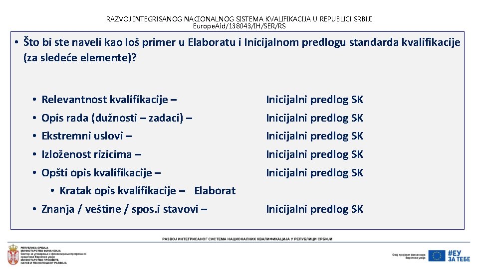 RAZVOJ INTEGRISANOG NACIONALNOG SISTEMA KVALIFIKACIJA U REPUBLICI SRBIJI Europe. Aid/138043/IH/SER/RS • Što bi ste