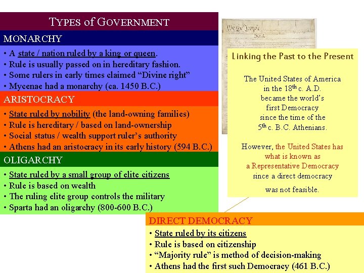 TYPES of GOVERNMENT MONARCHY • A state / nation ruled by a king or
