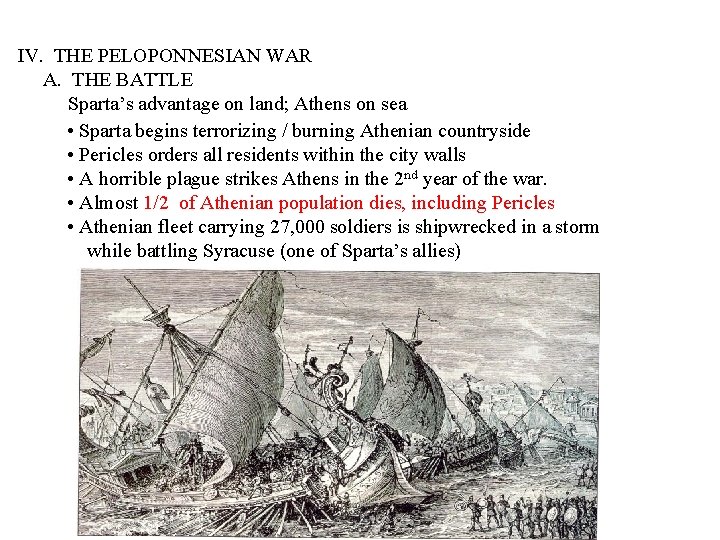 IV. THE PELOPONNESIAN WAR A. THE BATTLE Sparta’s advantage on land; Athens on sea
