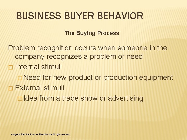 BUSINESS BUYER BEHAVIOR The Buying Process Problem recognition occurs when someone in the company