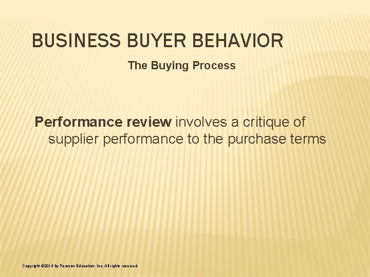 BUSINESS BUYER BEHAVIOR The Buying Process Performance review involves a critique of supplier performance BUSINESS BUYER BEHAVIOR The Buying Process Performance review involves a critique of supplier performance