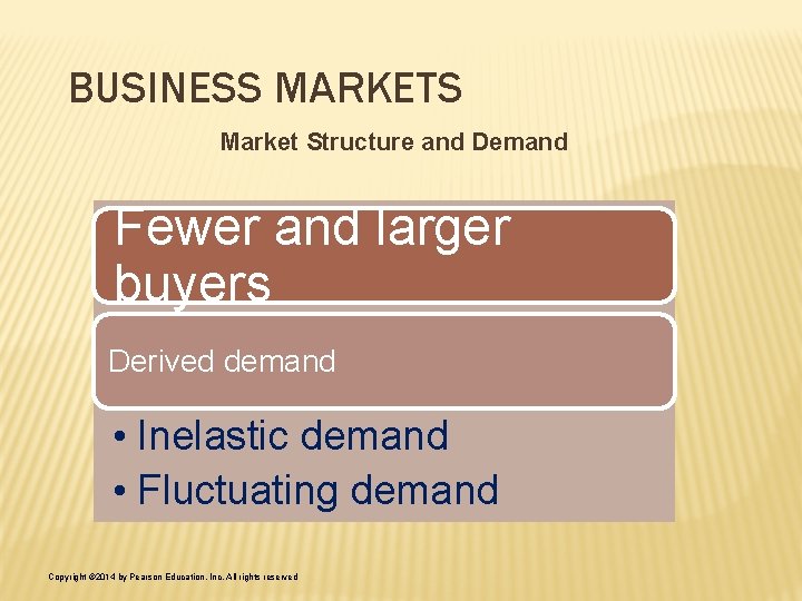 BUSINESS MARKETS Market Structure and Demand Fewer and larger buyers Derived demand • Inelastic