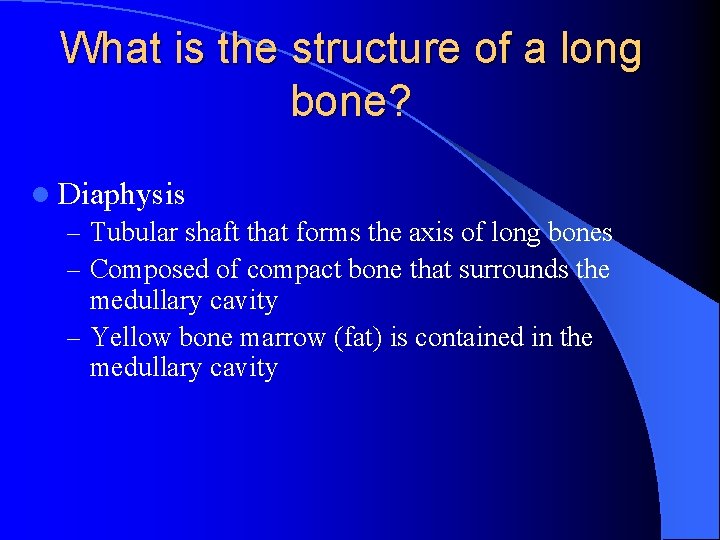What is the structure of a long bone? l Diaphysis – Tubular shaft that