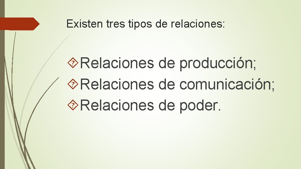 Existen tres tipos de relaciones: Relaciones de producción; Relaciones de comunicación; Relaciones de poder.