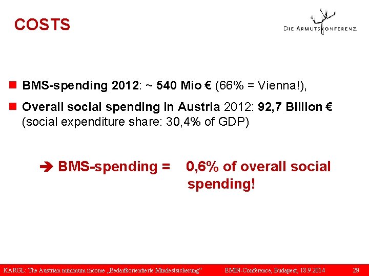 COSTS n BMS-spending 2012: ~ 540 Mio € (66% = Vienna!), n Overall social