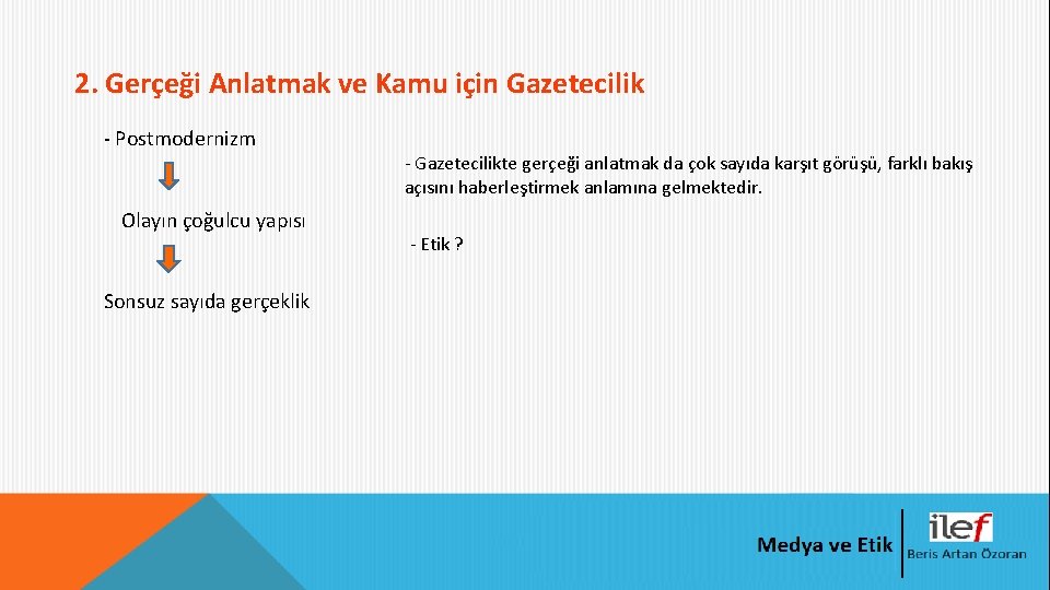 2. Gerçeği Anlatmak ve Kamu için Gazetecilik - Postmodernizm Olayın çoğulcu yapısı Sonsuz sayıda